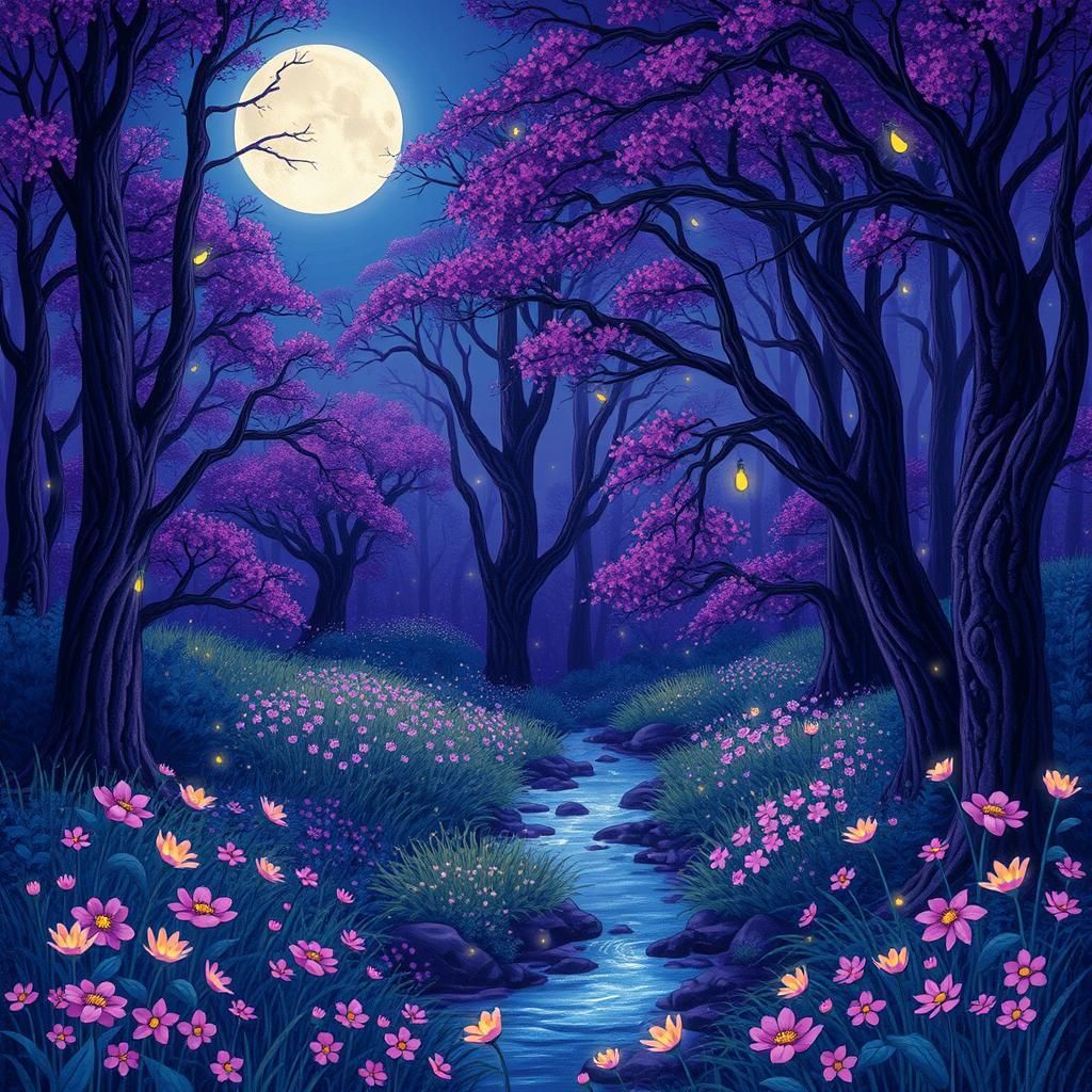 Create magical woodland scene. Night time. Mostly purples an...
