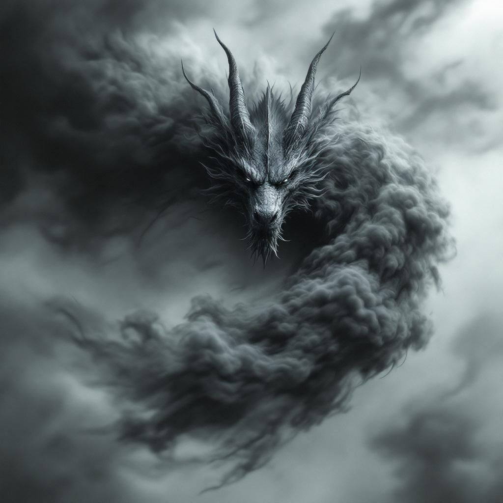 Ethereal Dragon Emerges From Smoke in Monochrome