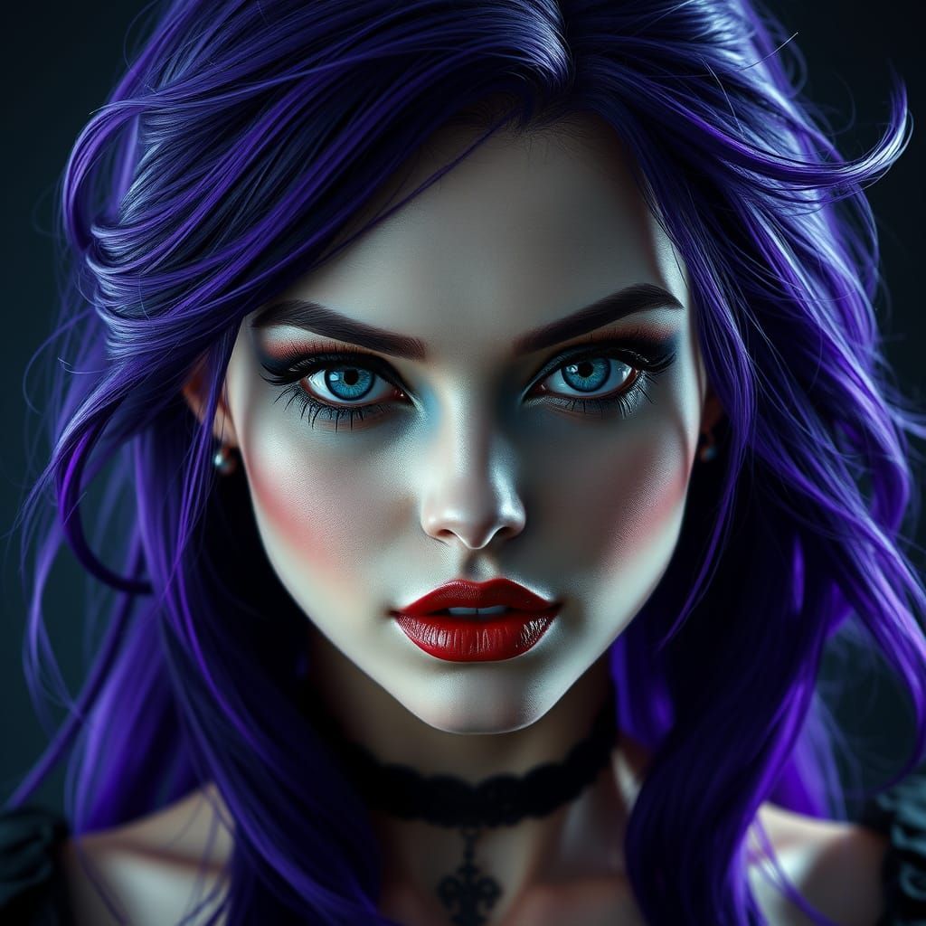 Gothic Woman with Flowing Hair and Realistic Makeup