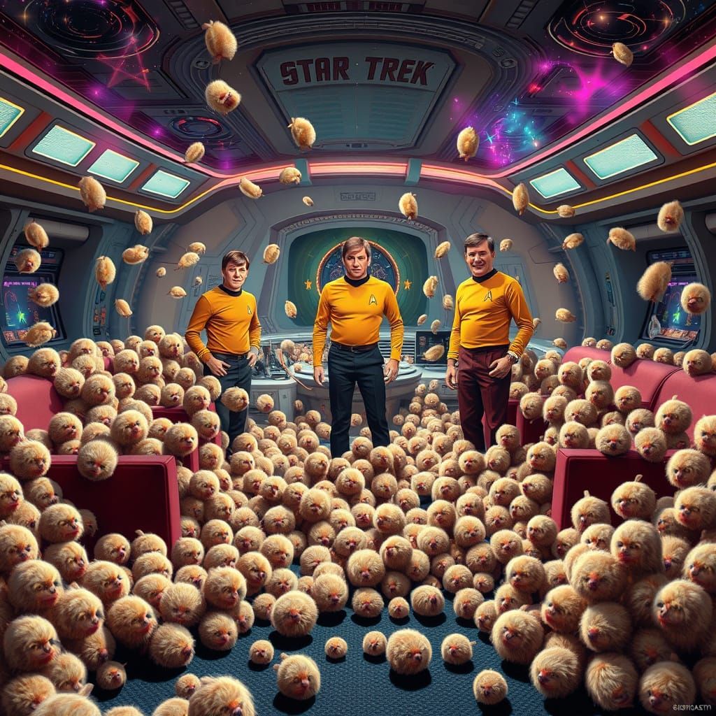 Starfleet Crew Surrounded by Playful Tribbles in Cosmic Drea...