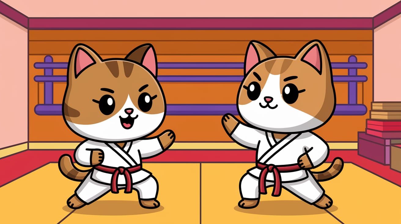 Cute Anthropomorphic Cat Practices Karate in Dojo