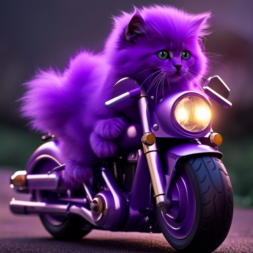 Purple Kitten on Harley-Davidson Motorcycle