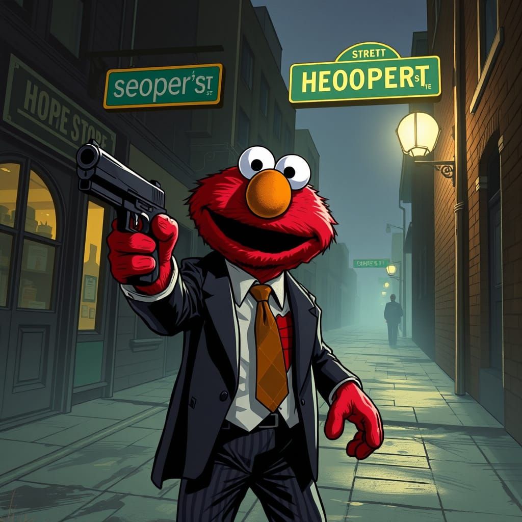Elmo as Gangster on Sesame Street in Gritty Comic Style