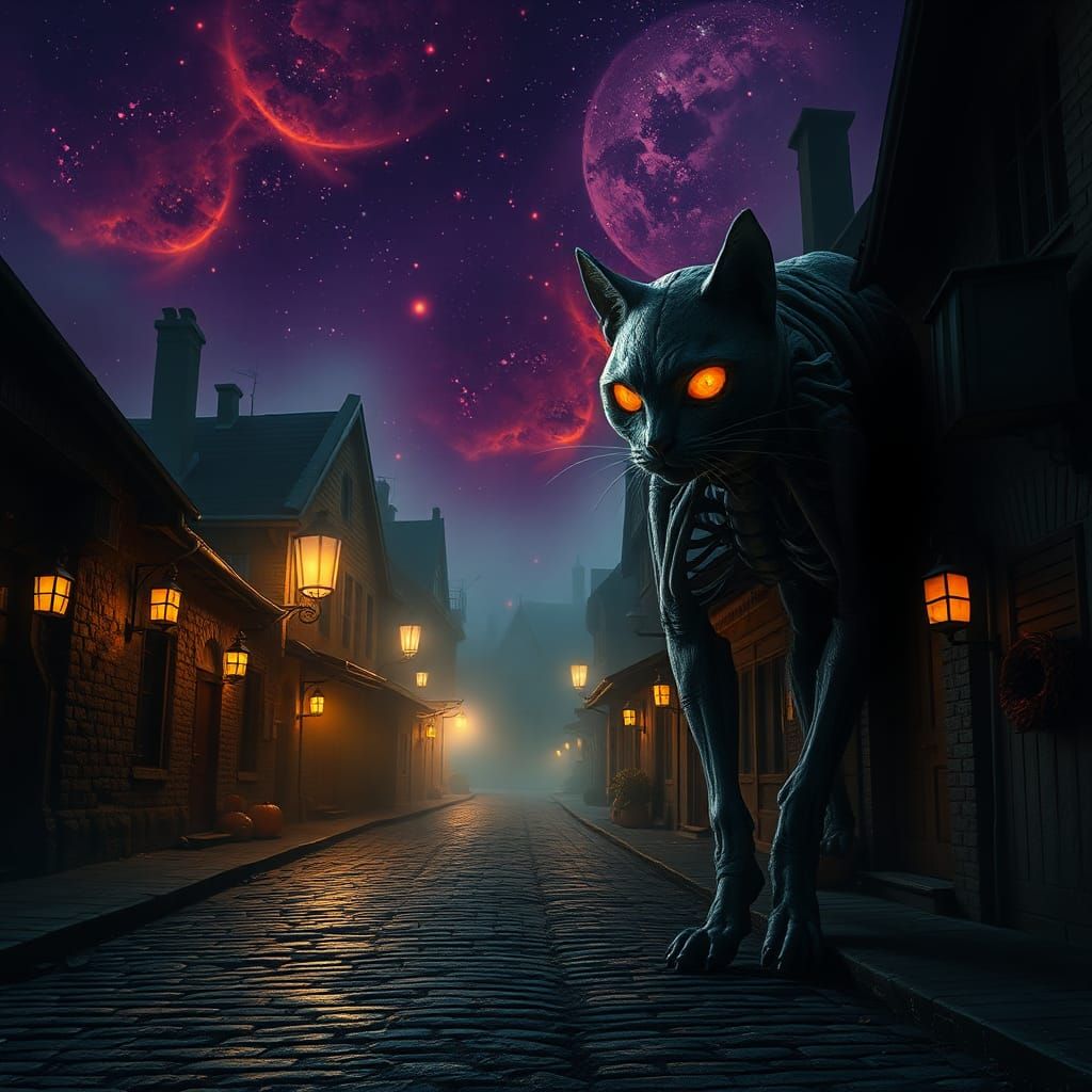 Eerie Cat in Nebulous Gothic Streetscape