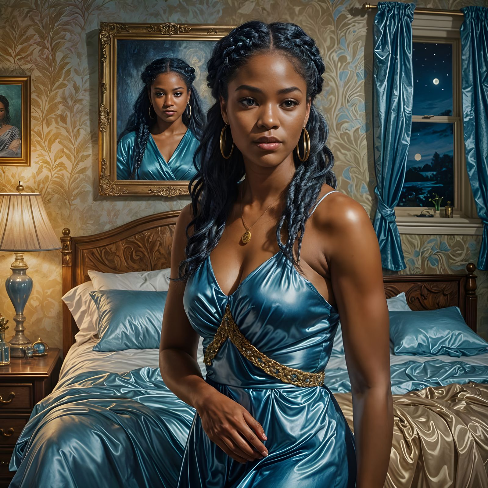 Ebony Woman in Blue Satin Dress, Oil Painting