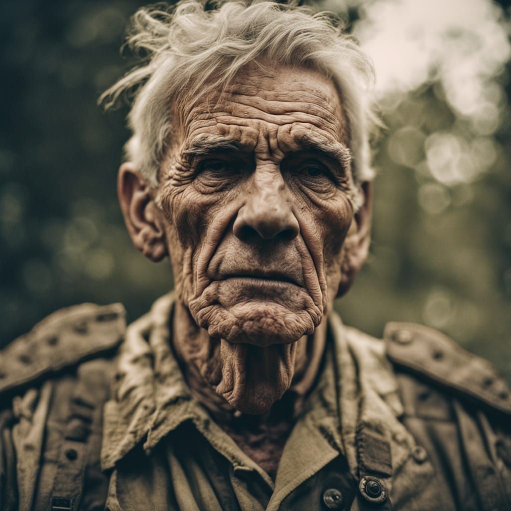 Worn Veteran's Haunting Portrait in Cinematic Style