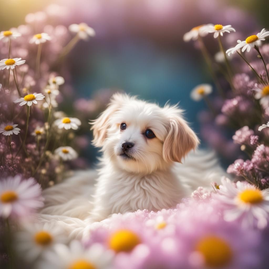 Cute Puppy in Flowerbed, Divine Light
