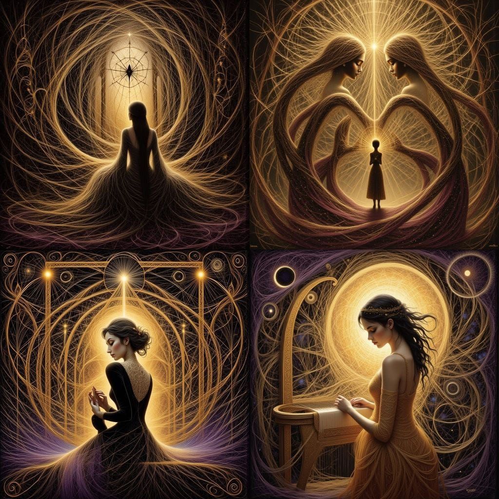 Arachne Weaving Mythic Tapestry as Transformation Begins