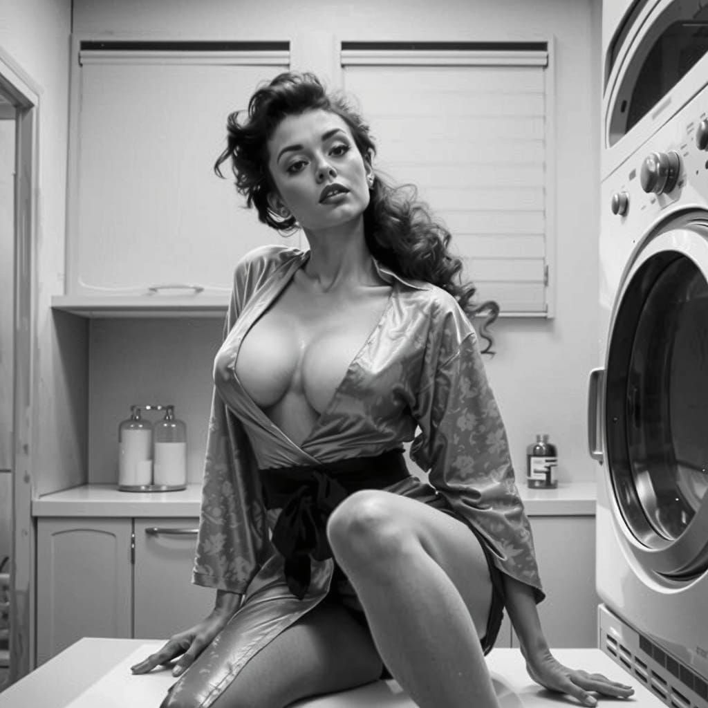 Pinup Woman on Washing Machine in Granular Style