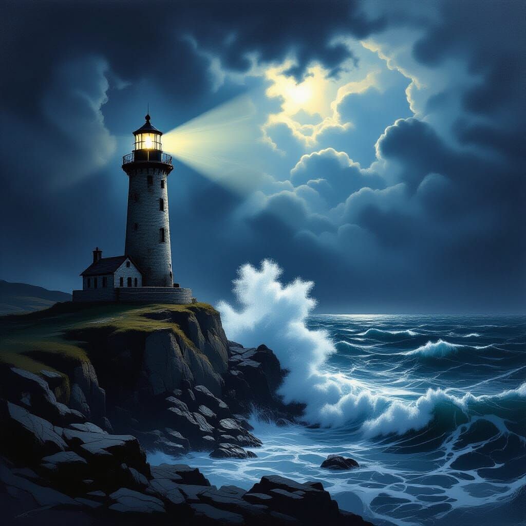 Ancient Lighthouse on Stormy Sea in Dramatic Chiaroscuro Sty...