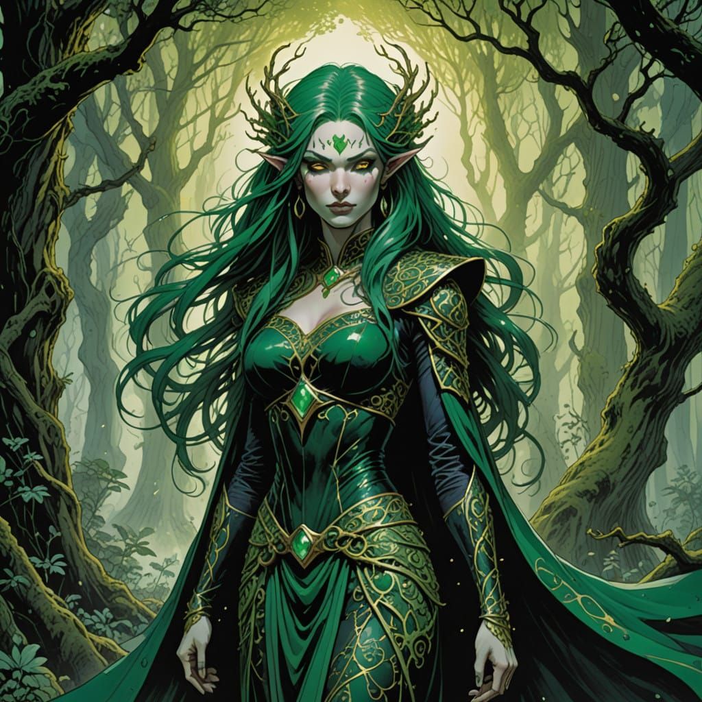 Mystical Sorceress in Emerald Forest, Cyberpunk Comic Book S...