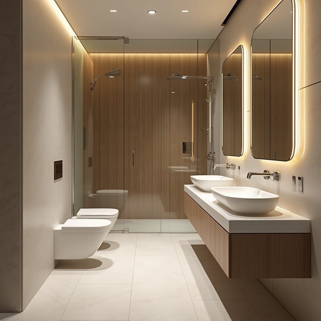 Modern Minimalist Bathroom with Sauna and Floating Vanity