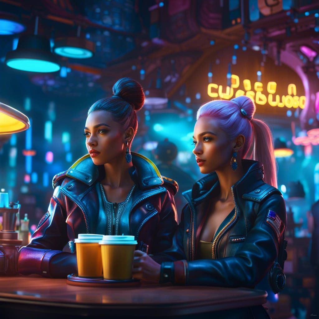 Cyberpunk Rebels in a Neon Coffee Shop