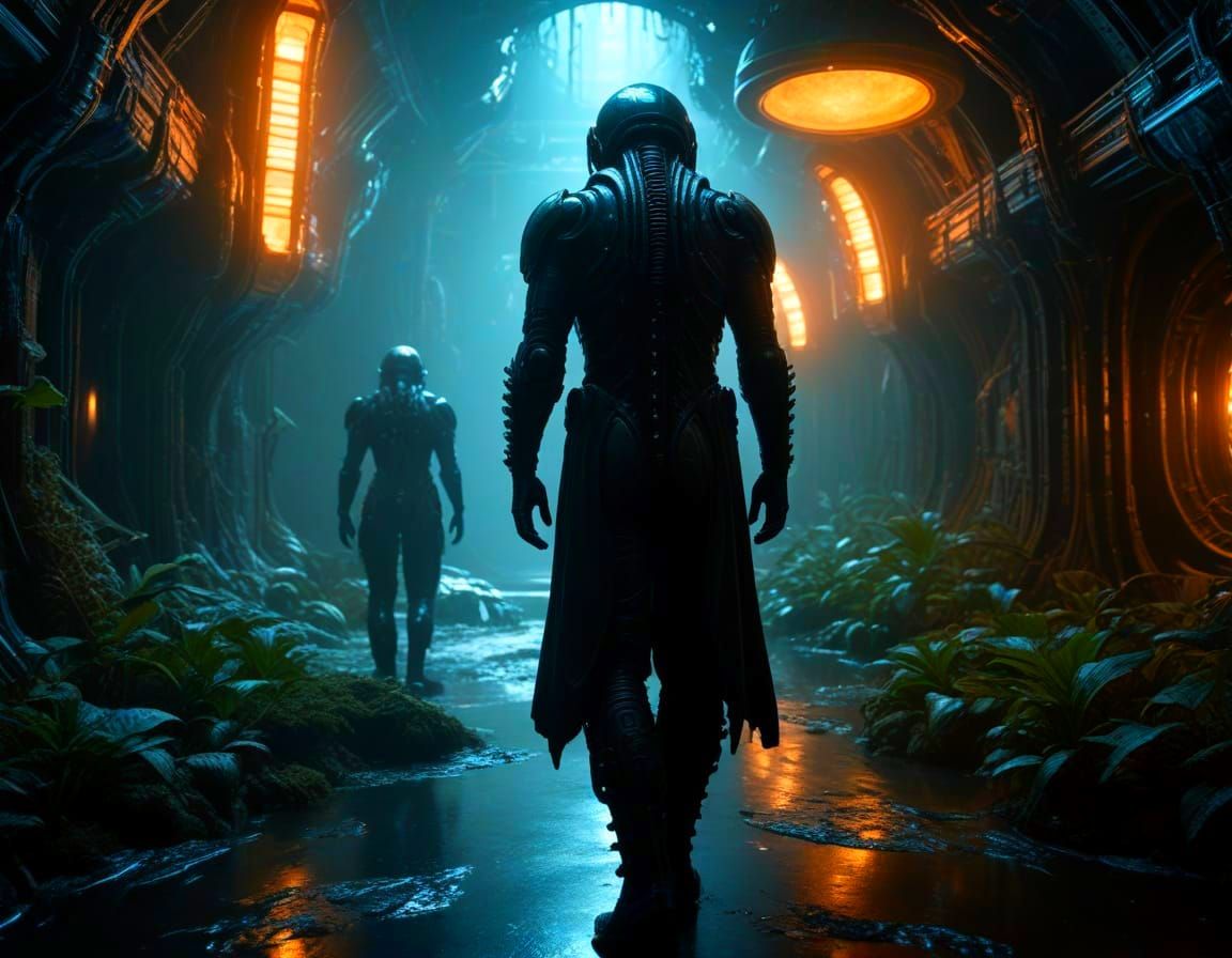 Astronaut and Bioluminescent Flora in Crashed Spaceship