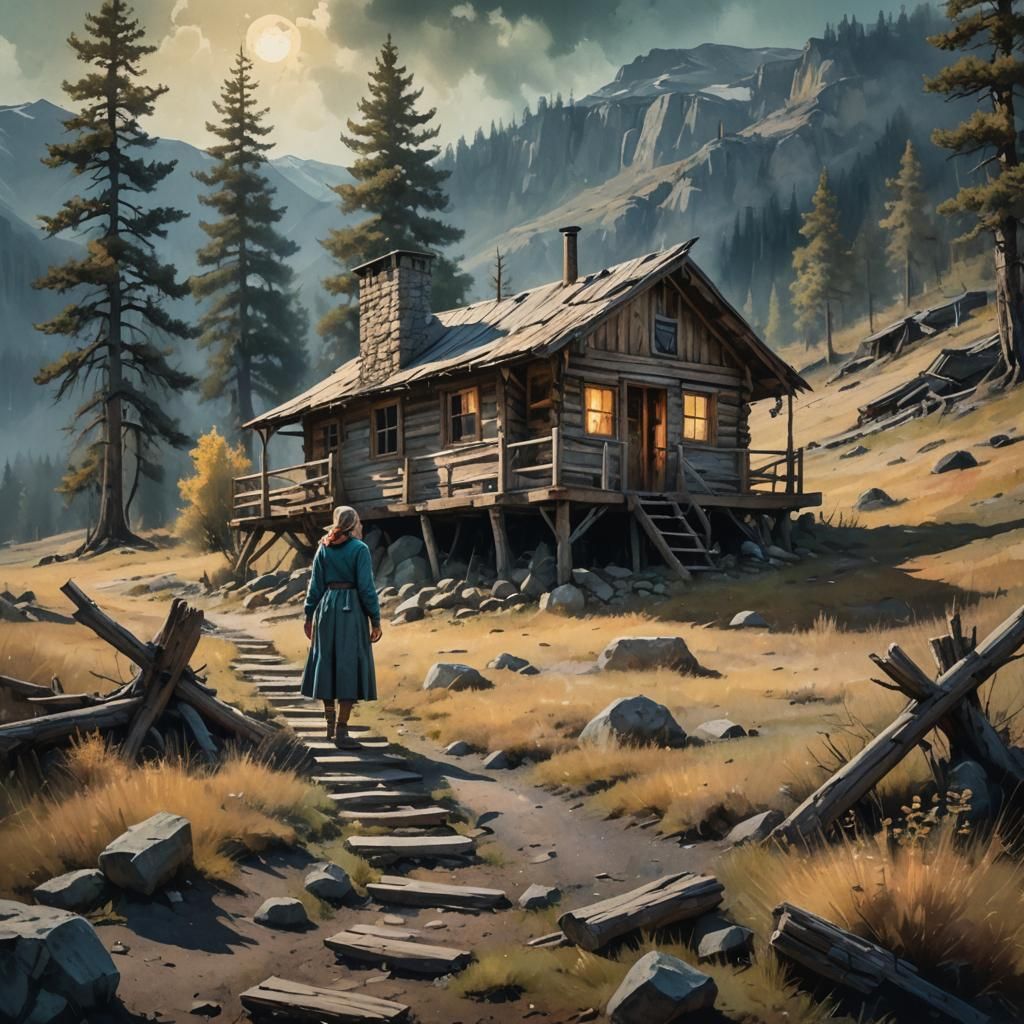 Rustic Cabin with Woman, Fantasy Realism Digital Art