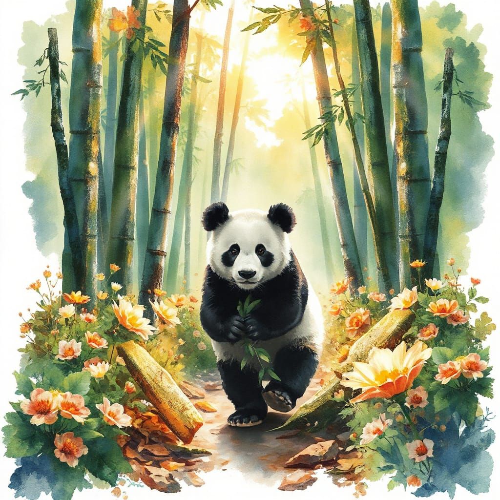 Giant Panda Strolls Through a Vibrant Bamboo Forest