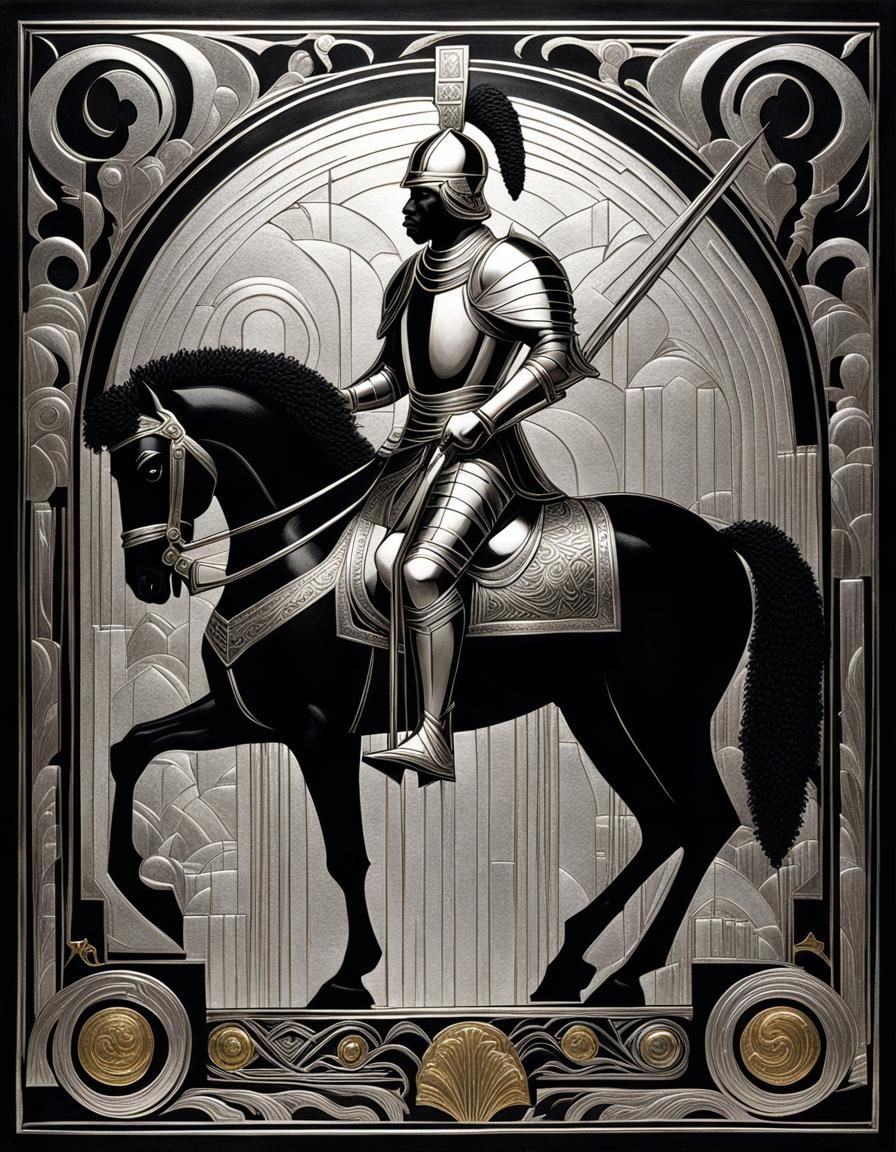Art Deco Afro Knight on Silver-Laden Horse