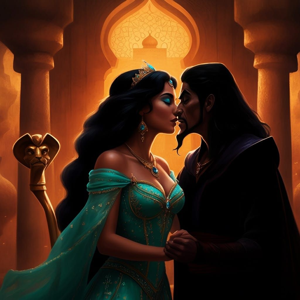 Royal Arabian Princess in Forbidden Kiss with Dark Sorcerer