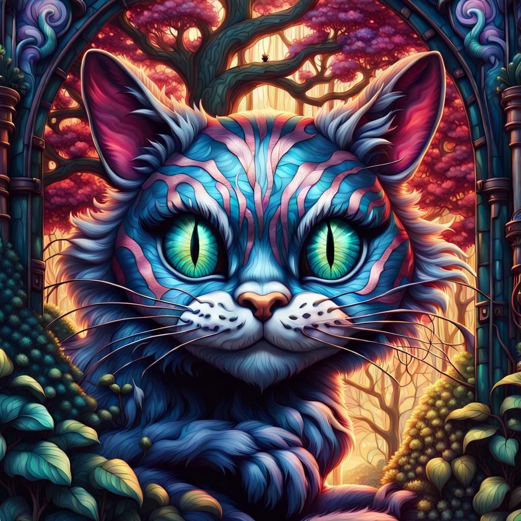 Cheshire Cat in Mystical Forest, Stained Glass Style