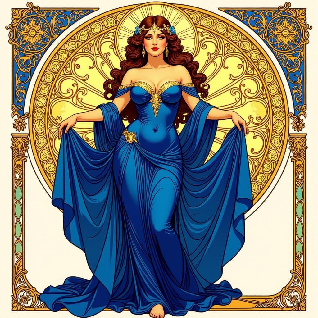 Goddess in Royal Blue Dress with Golden Eyes