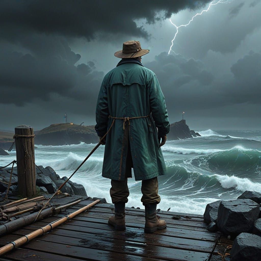 Resilient Fisherman Stands Firm Against Turbulent Stormy Ski...