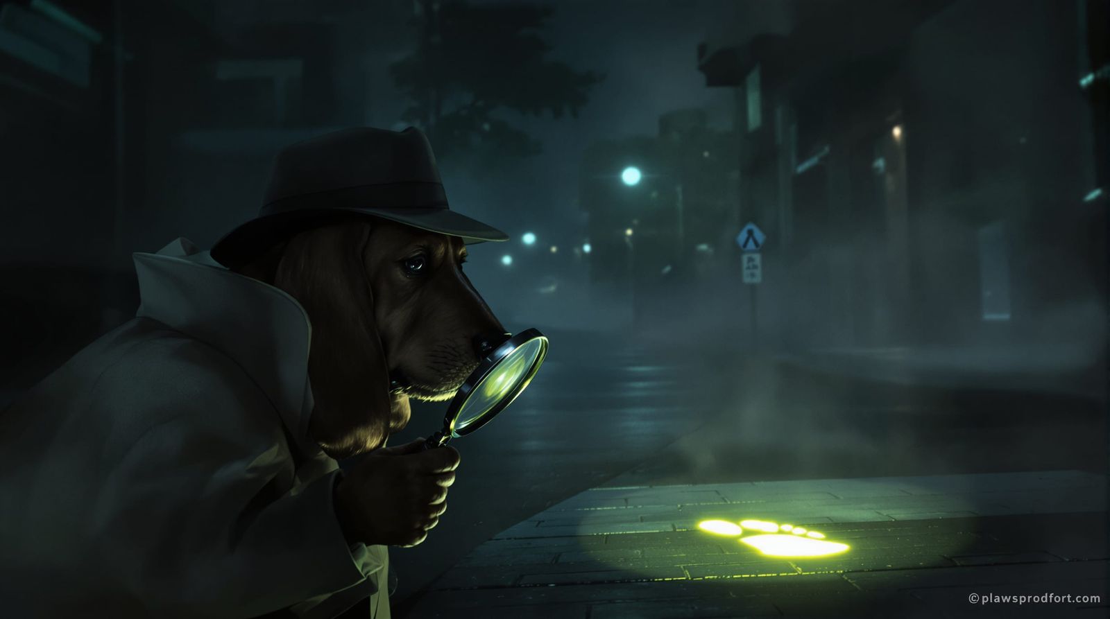 Basset Hound Detective in Foggy Gaslit Street