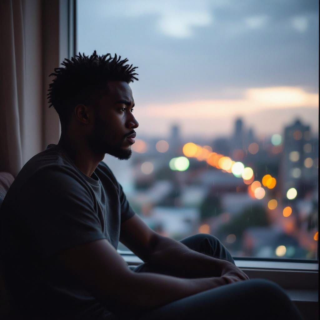 Thoughtful Man in Rainy Apartment, Cinematic Realism