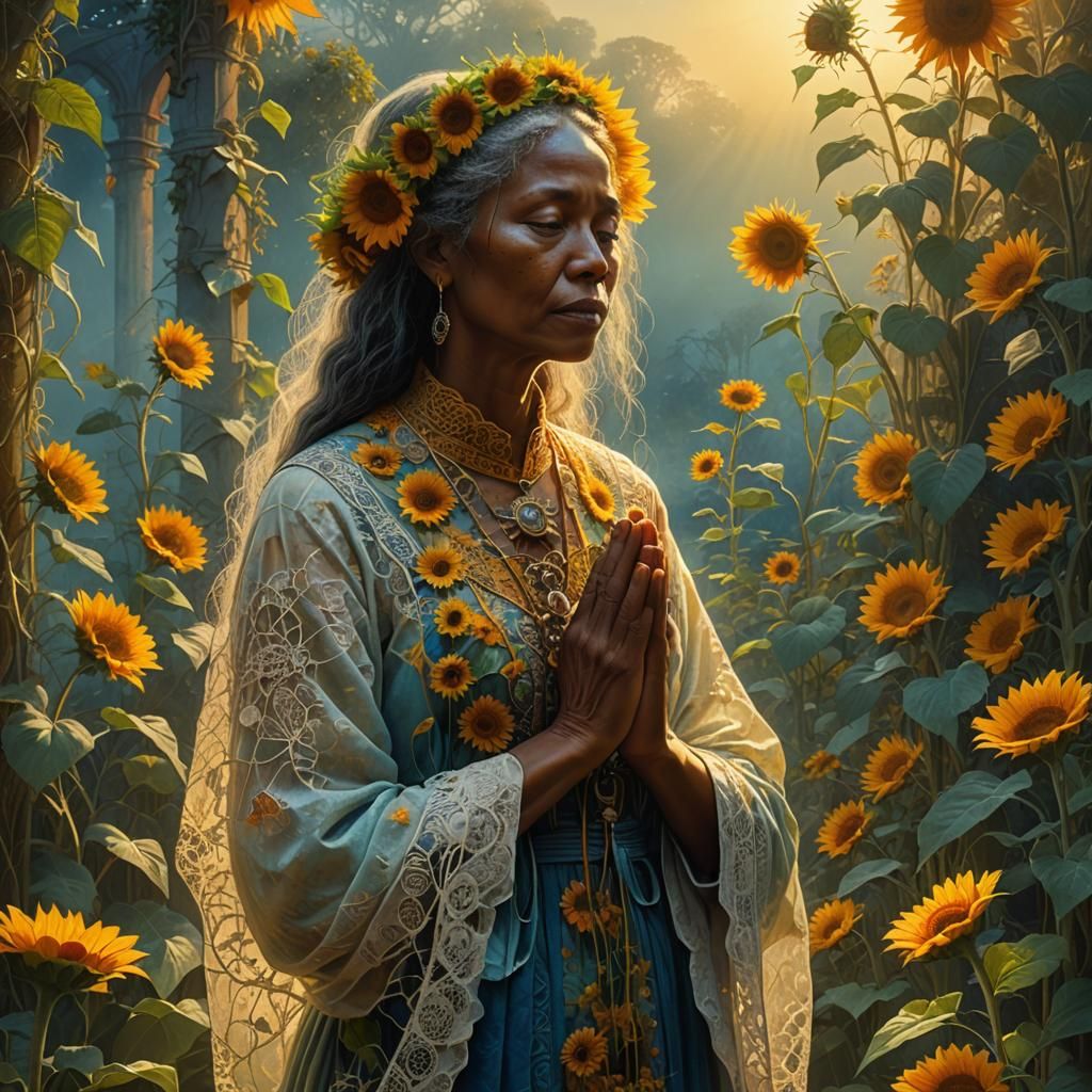 Caribbean Mother Praying in Surrealist Style