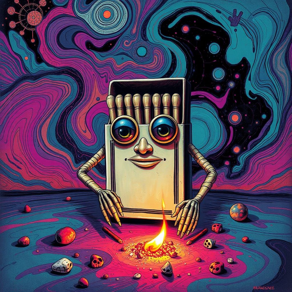Surreal Matchbook Scene with Psychedelic Background