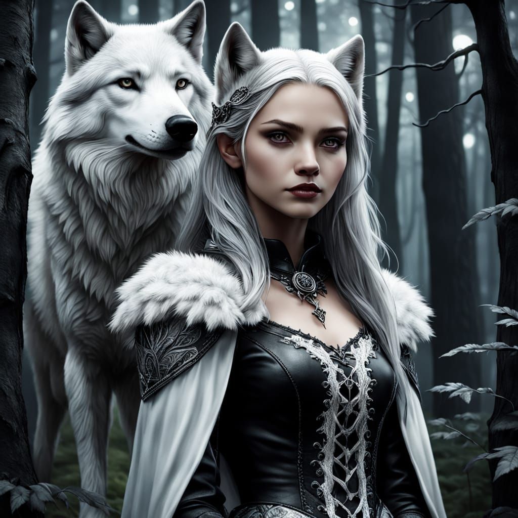 Gothic Woman with White Wolf in Moonlit Forest