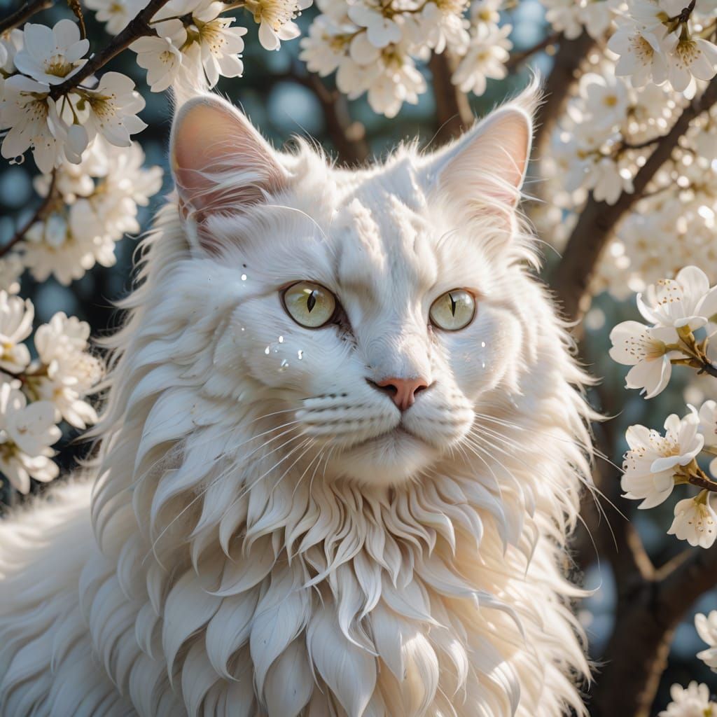 Surreal White Fairy Cat in Iridescent Mother-of-Pearl Lace