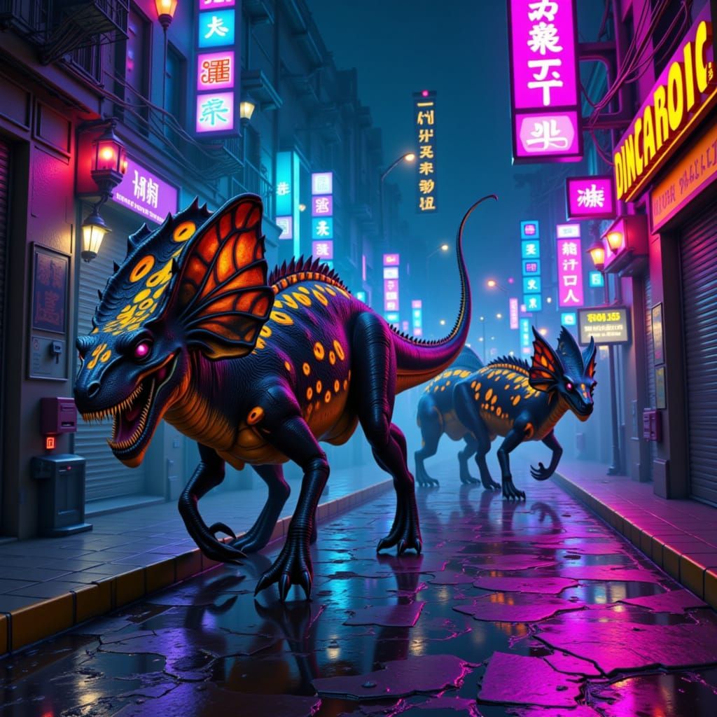 Cyberpunk Dinosaurs Roam Neon City in Dark Futurism