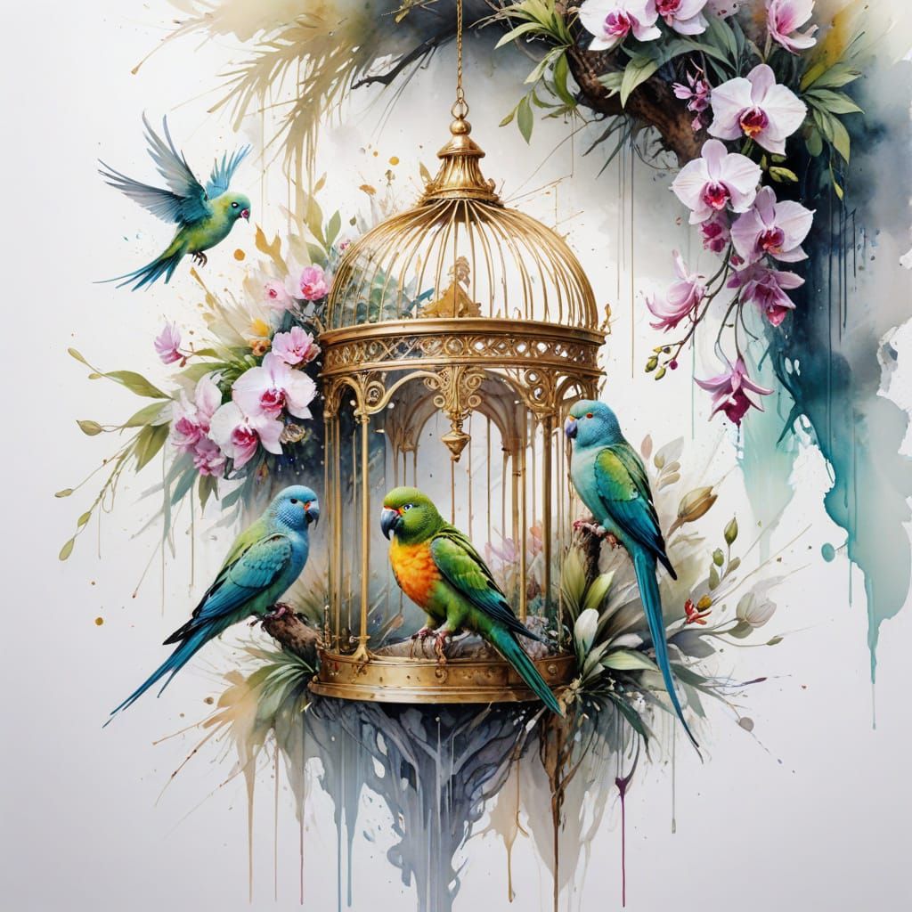 Ornate Gold Birdcage with Parakeets in Orchid Garden