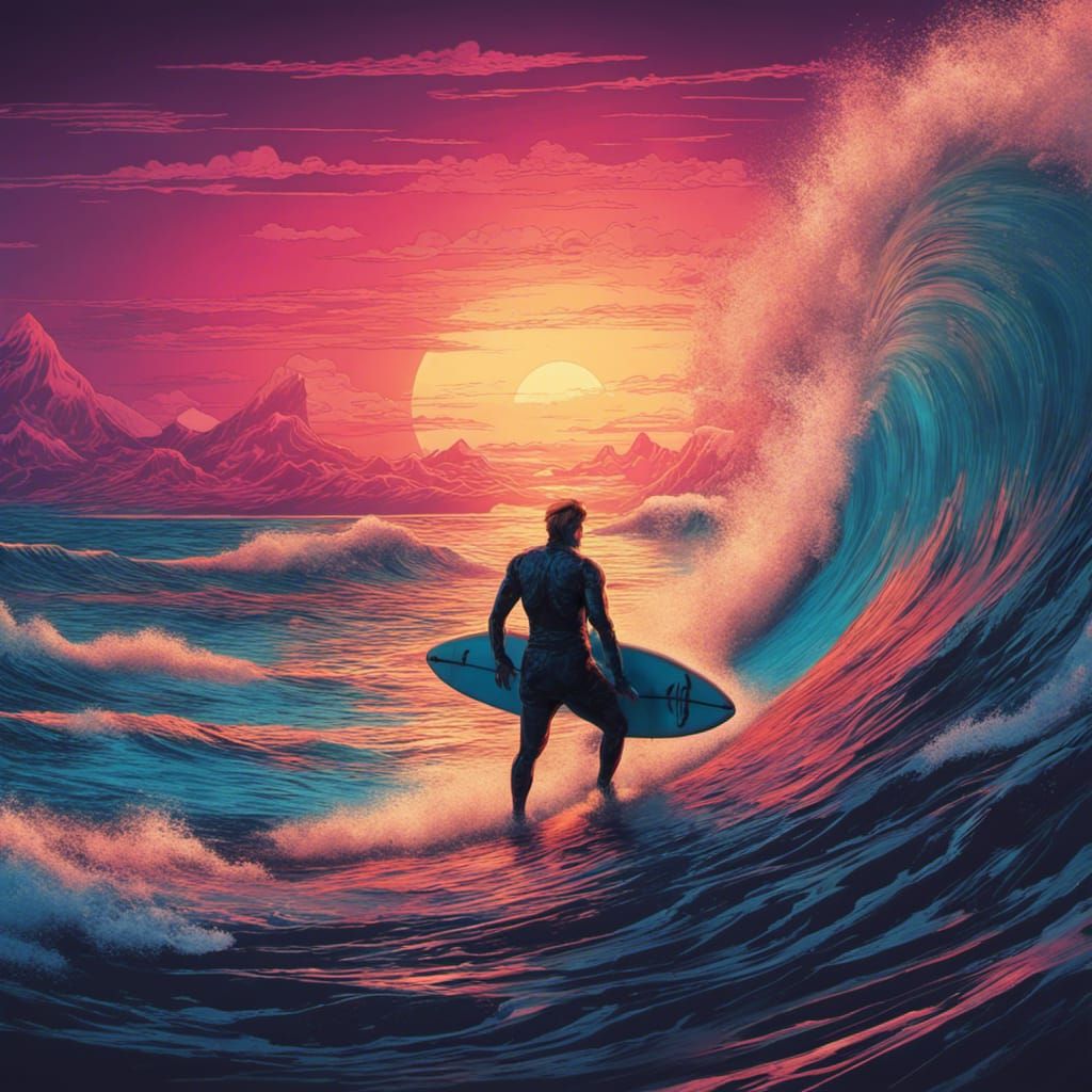 Apocalyptic Surfer Rides Sunset Wave: Retro Art