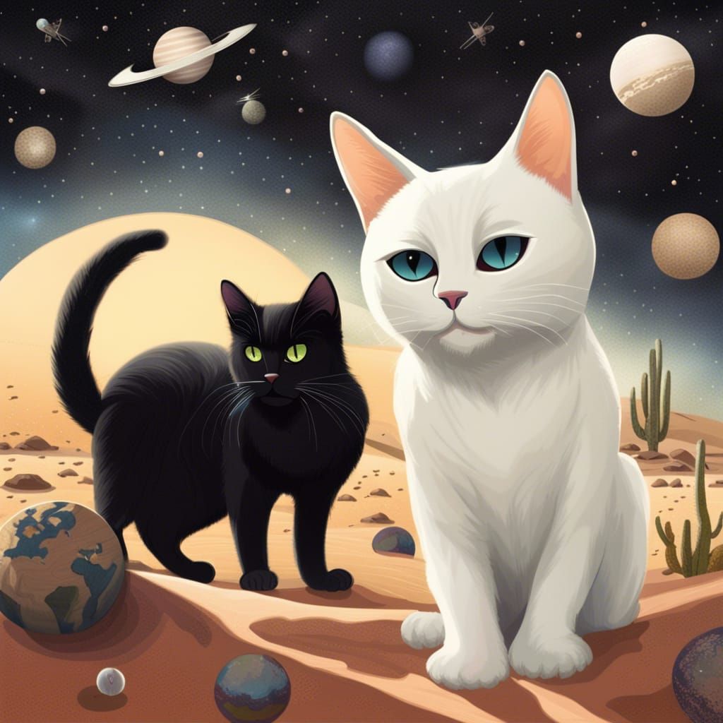 My black cat, a white cat in the desert with the earth and outer space in the background