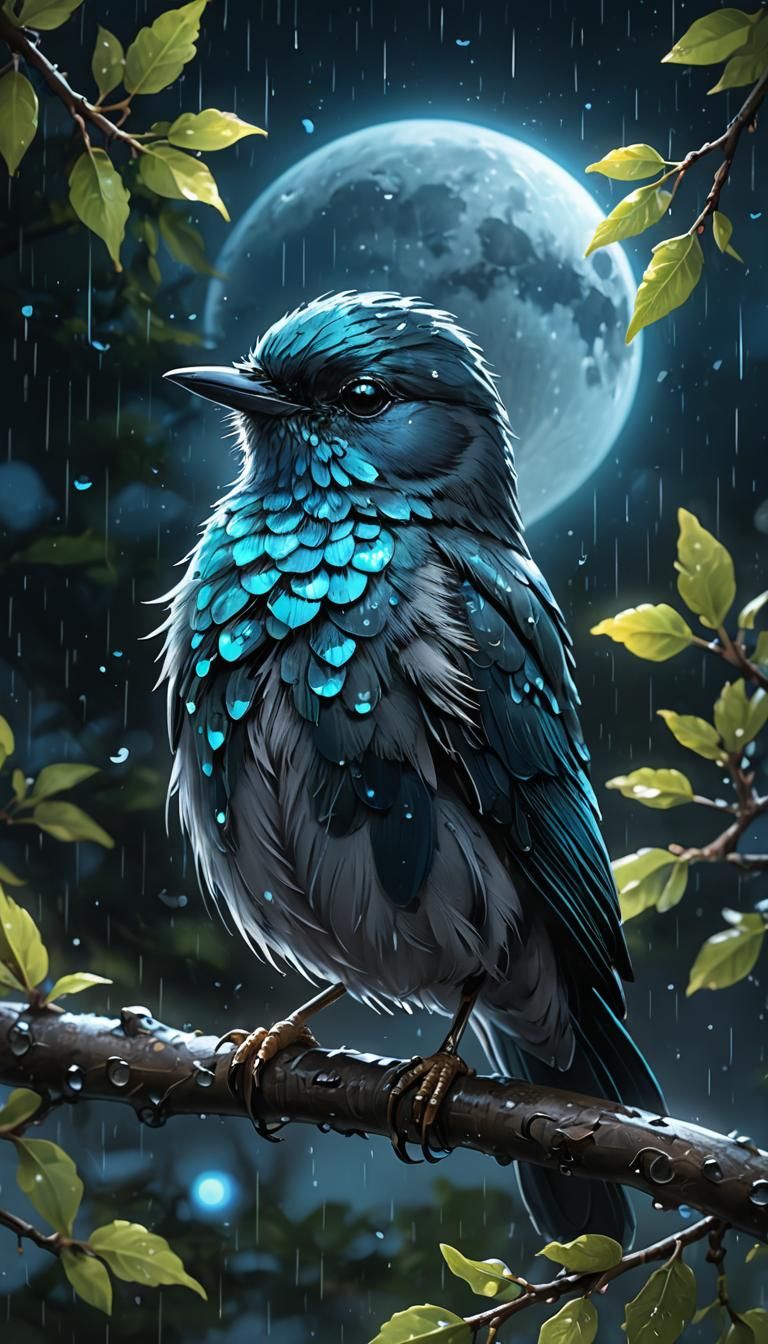 Bioluminescent Bird Portrait in Rain at Night
