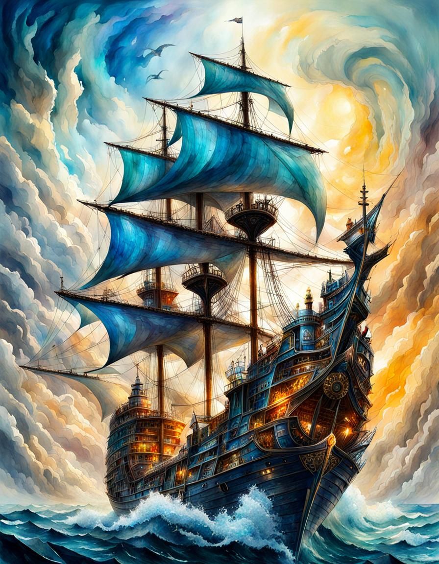 Fantasy Wizard Ship in Stylized Watercolor Art