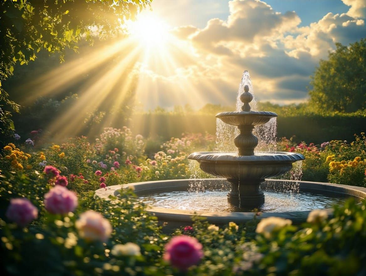 Ethereal Garden Oasis with Heavenly Sunshine