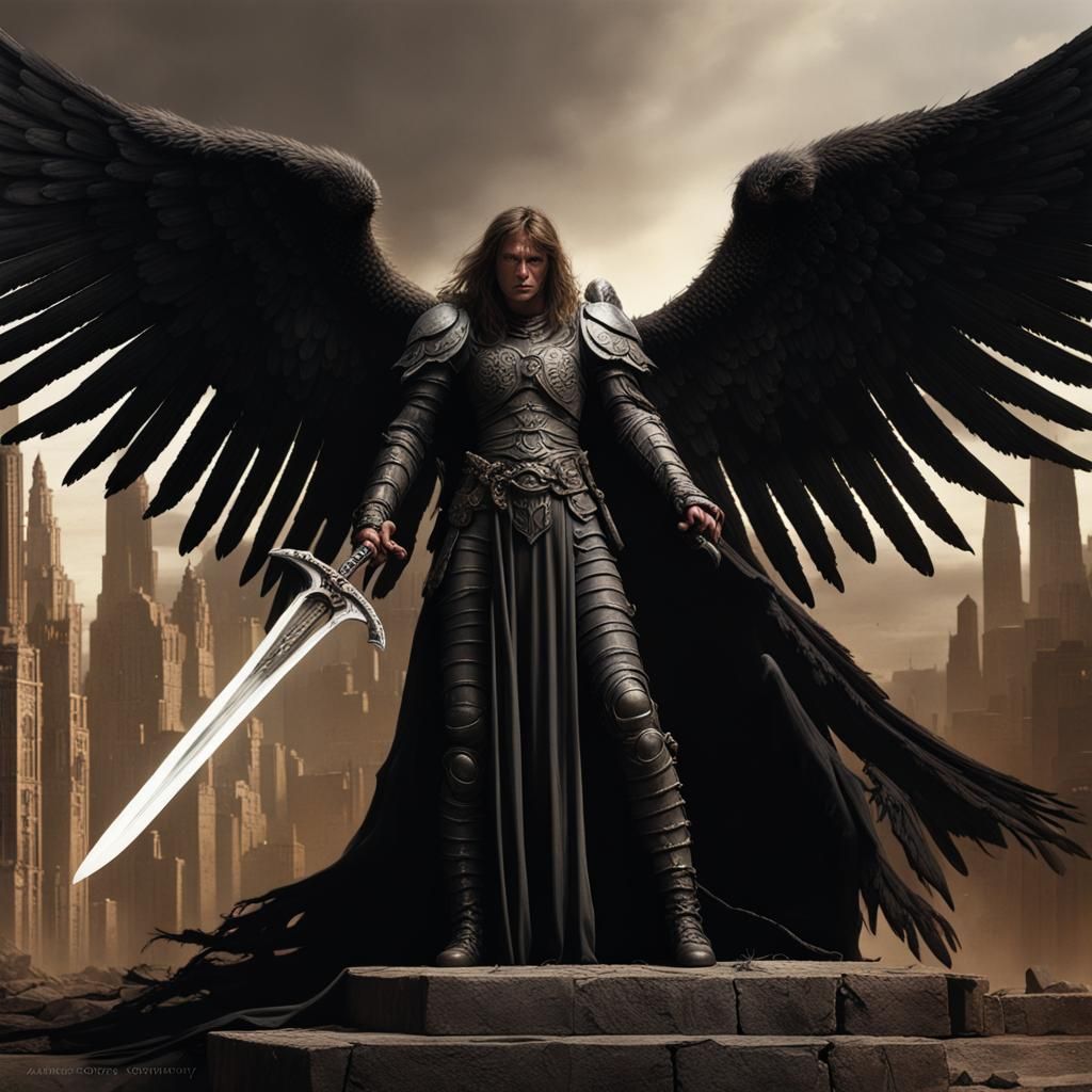 Dark angel with sword, hyperdetailed, matte painting, Artrift, James Gurney
