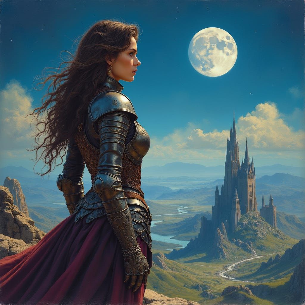Fantasy Warrior Overlooking Moonlit Landscape