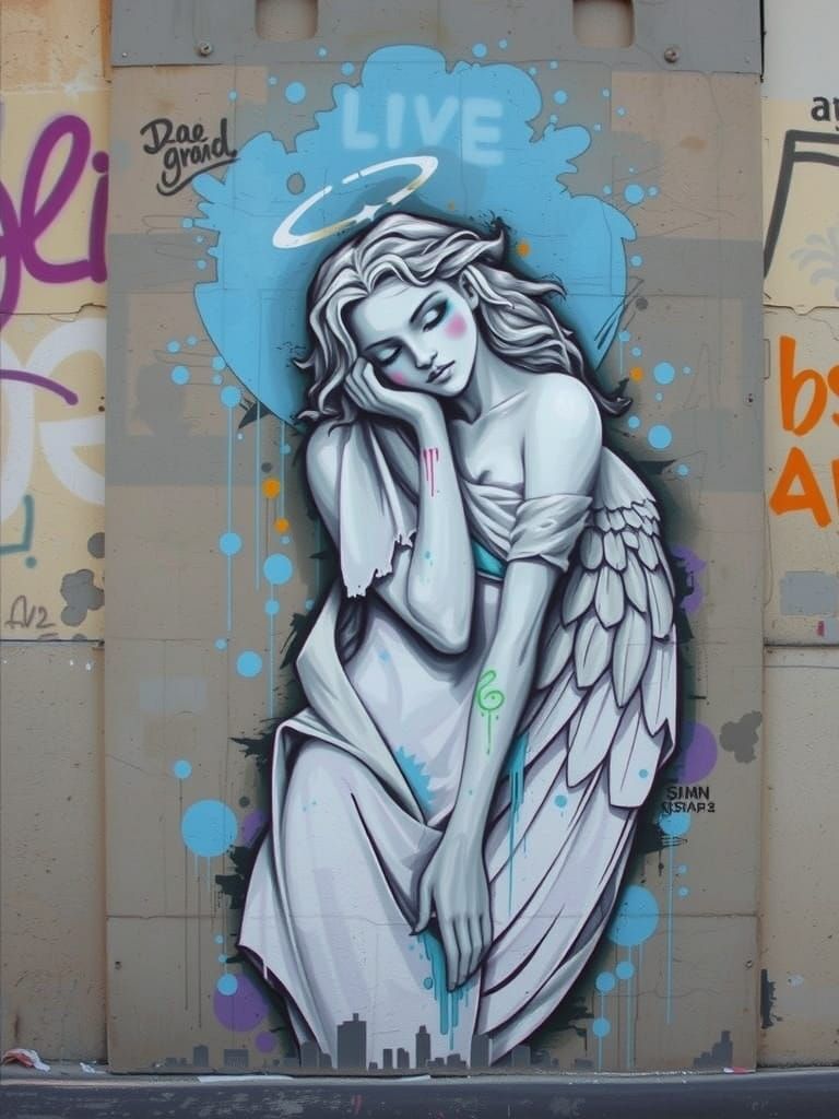 Angel in Graffiti Art Style on Concrete Wall