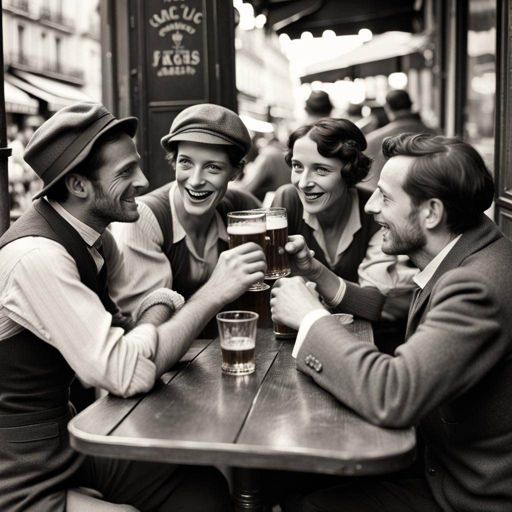 Friends in French Cafe: Black and White Moment