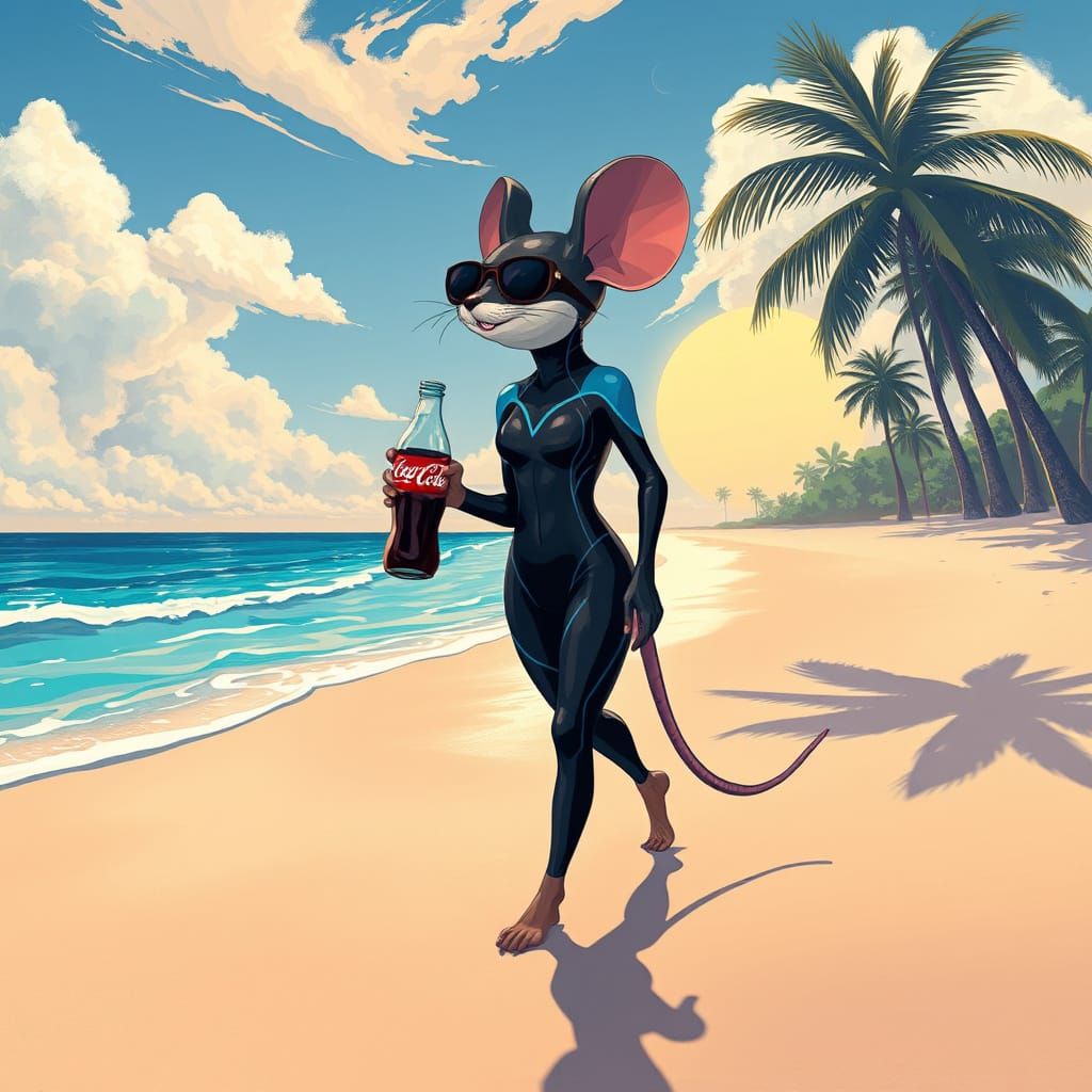 Mouse Woman on Beach, Stylized Digital Art
