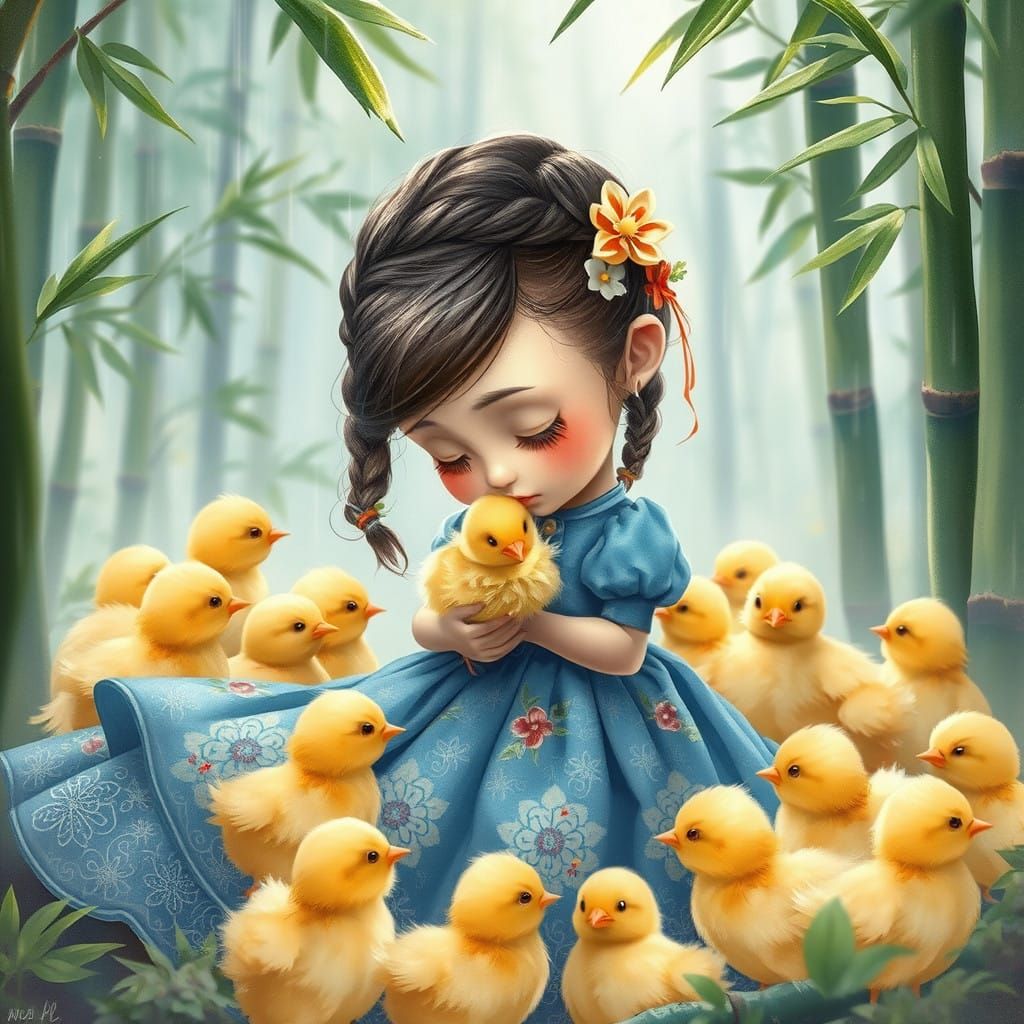 Enchanting Scene of a Little Girl and Adorable Chicks in a S...