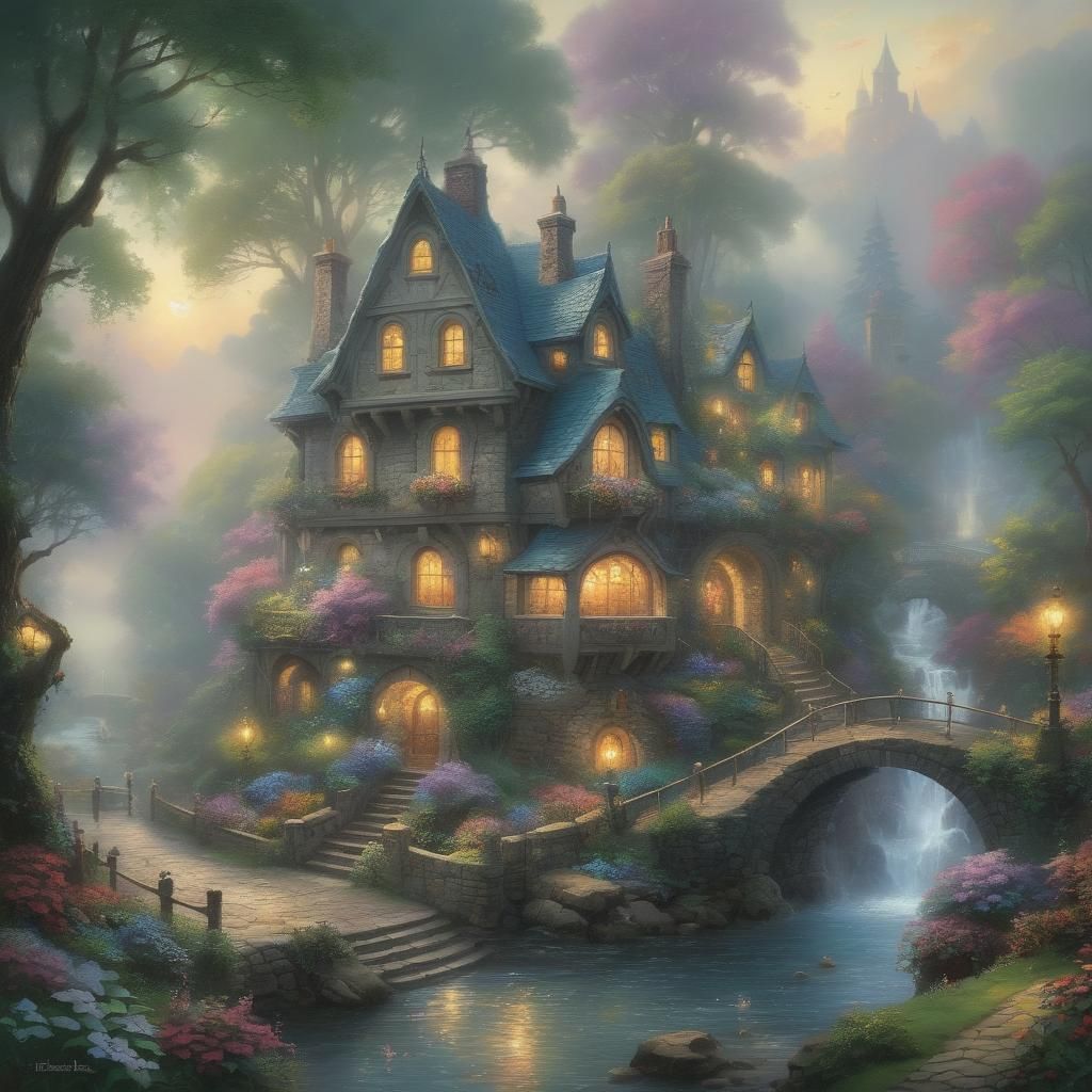 Ethereal Fairytale Scene in Thomas Kinkade Style