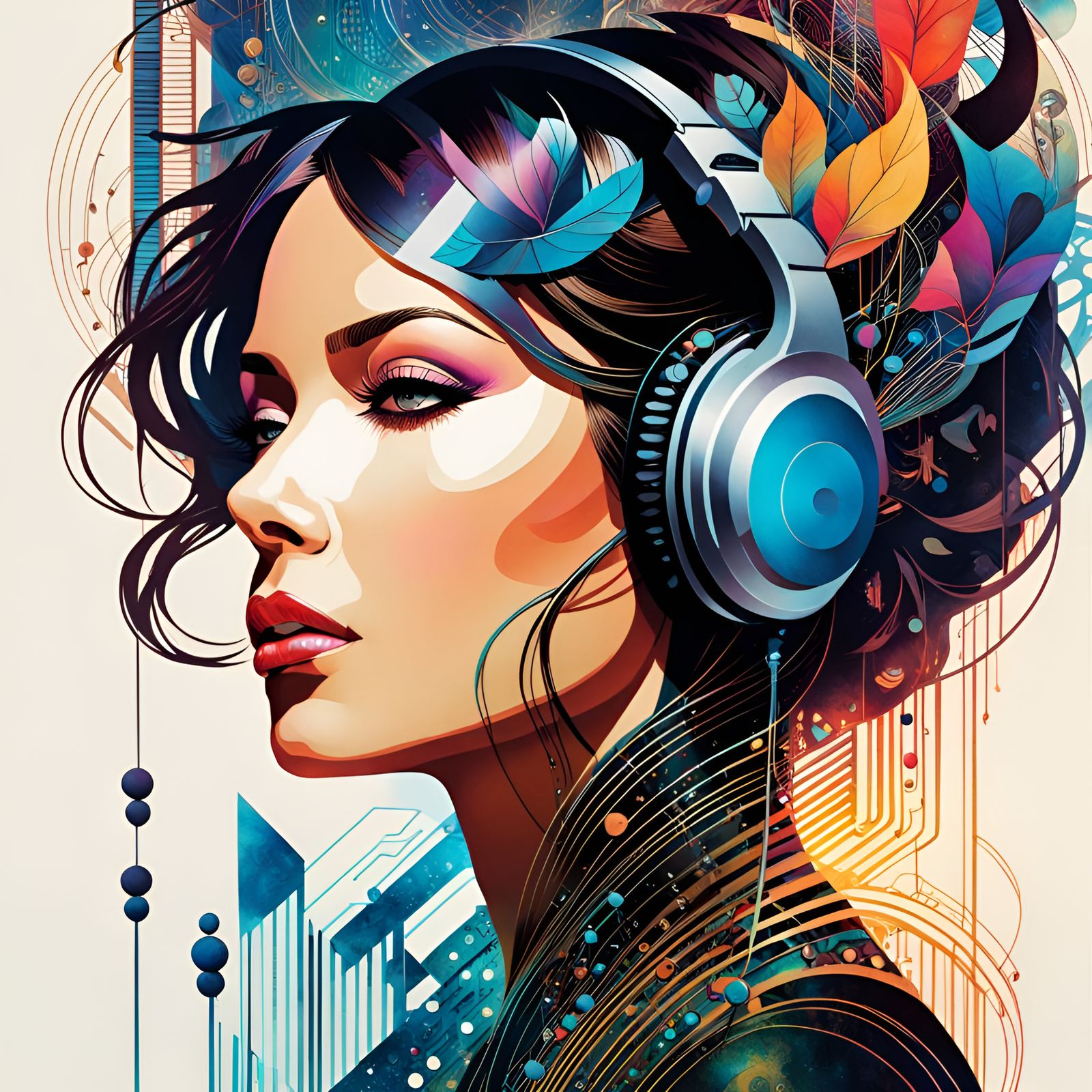 Elegant Double Exposure Woman Immersed in Music Notes