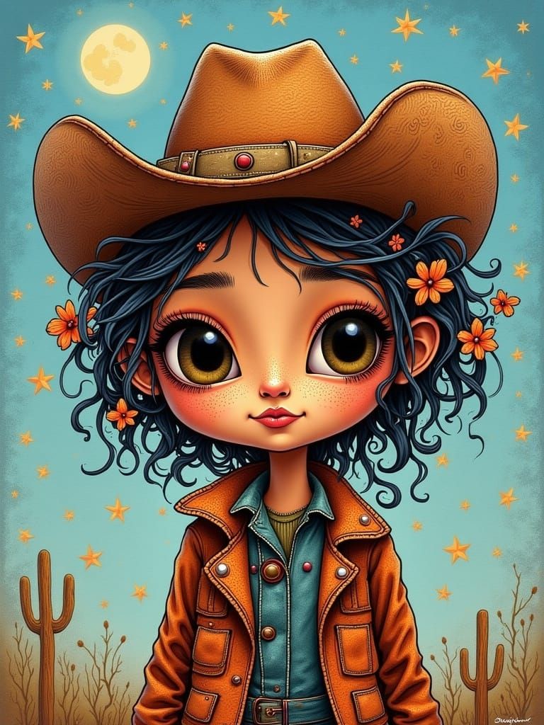 Cartoon Cowgirl Portrait in Folk-Art Style
