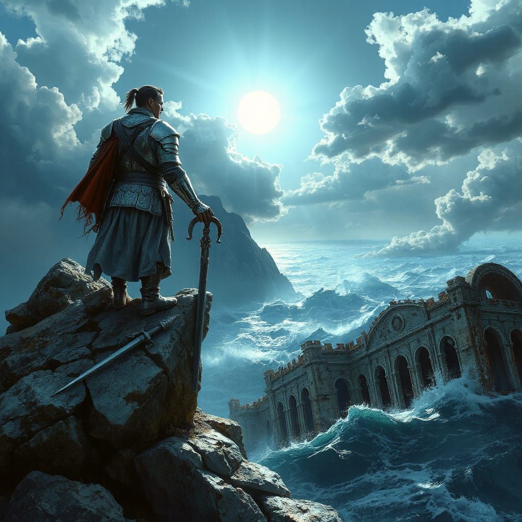 Ancient Warrior Overlooking Ruined Ballroom in Moonlit Sea