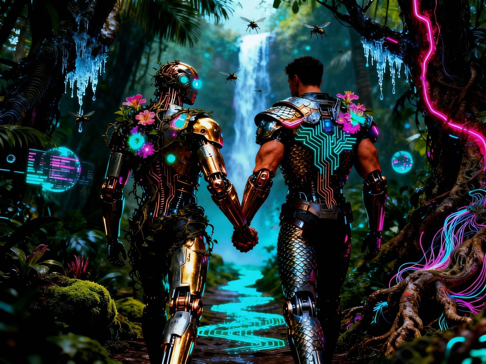 Cyborg Men in Bioluminescent Cyberpunk Forest