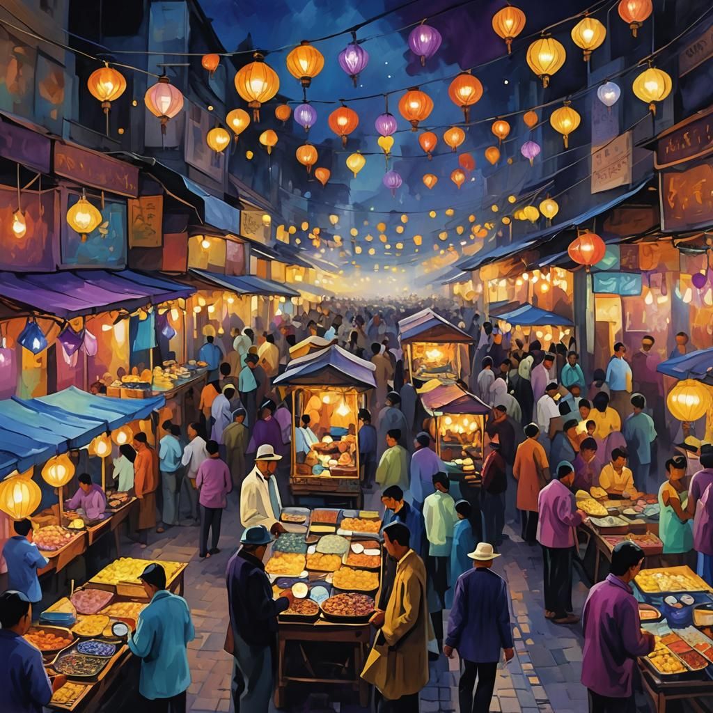 Bustling Night Bazaar in Impressionist Style